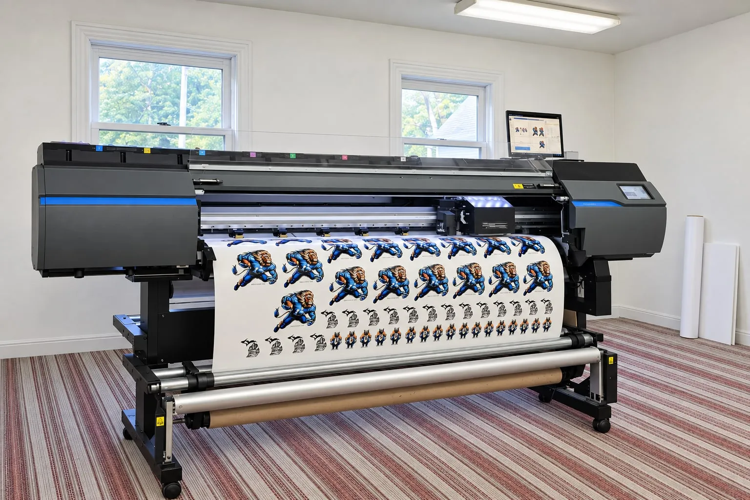 A wide-format printer running a sheet of full-color mascot transfers