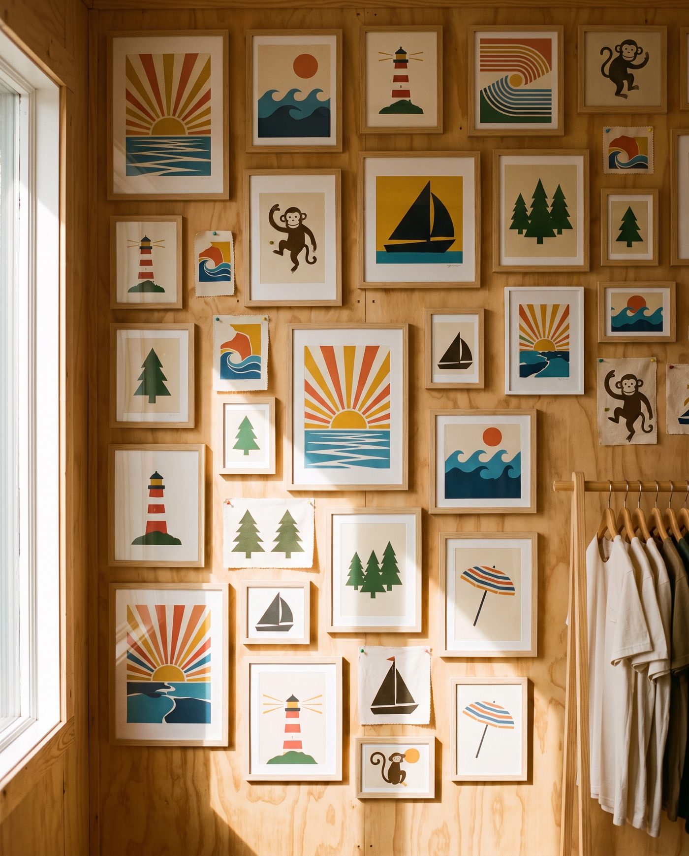 A dense gallery wall of framed graphic artwork samples inside the shop